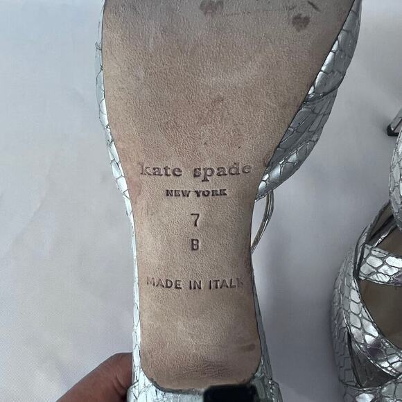 KATE SPADE Open Toe Gold Metallic Snake Skin Stamped Heels Women's Sz7 B - Picture 7 of 9